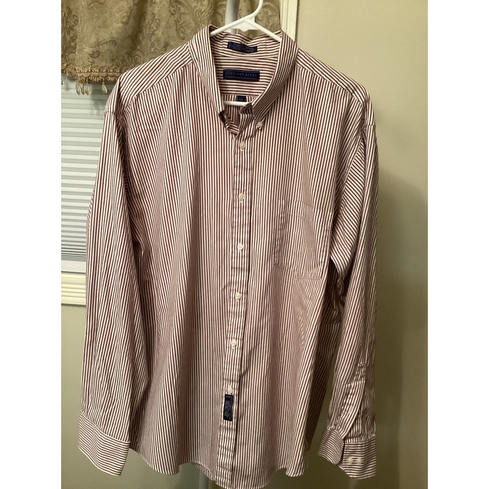 Geoffrey Beene Mens Pinpoint Oxford Striped Button Down Shirt 17.5 34/35 Red